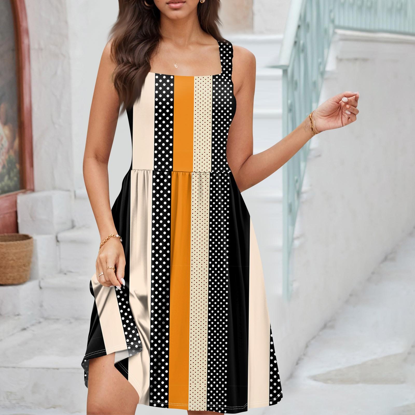 

Женское летнее повседневное платье с квадратным вырезом и карманами, милое платье трапециевидной формы без рукавов с высокой талией и жилетом миди L чёрный