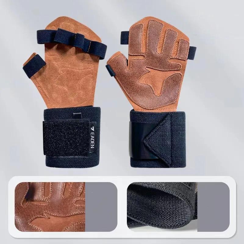 Cowhide Gym Gloves Wrist Brace Anti-Skid Weight Lifting Grip Pads Deadlifts Workout Fitness Gloves Pull Ups Bracer Protection