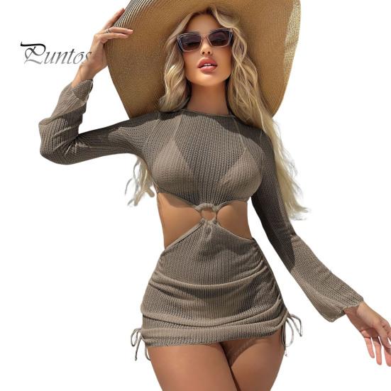 3Pcs/Set Women Bikini Set Halter Bra Lace-up Swimming Trunks Set with See-through Mesh Yarn Cover Up Dress