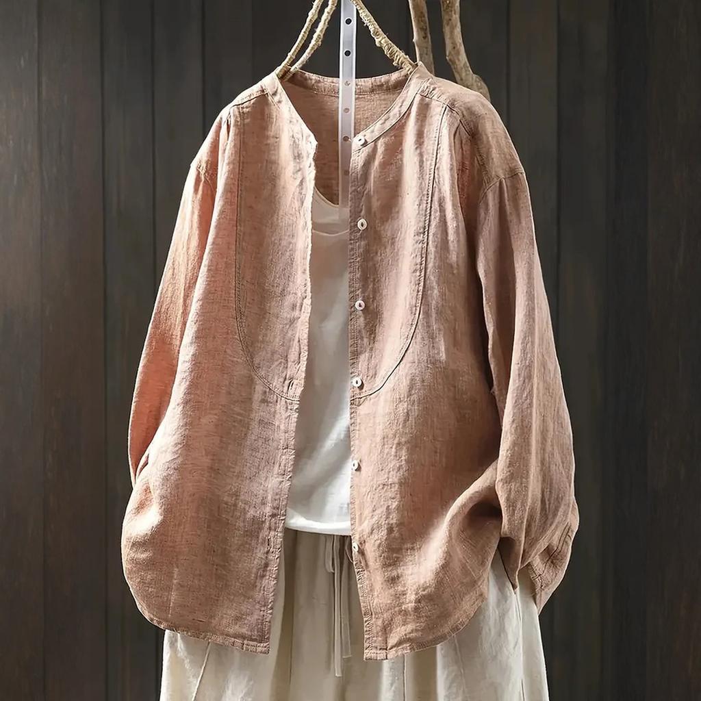 Women's ,color Cotton And Linen Long,sleeved Cardigan Shirt Top