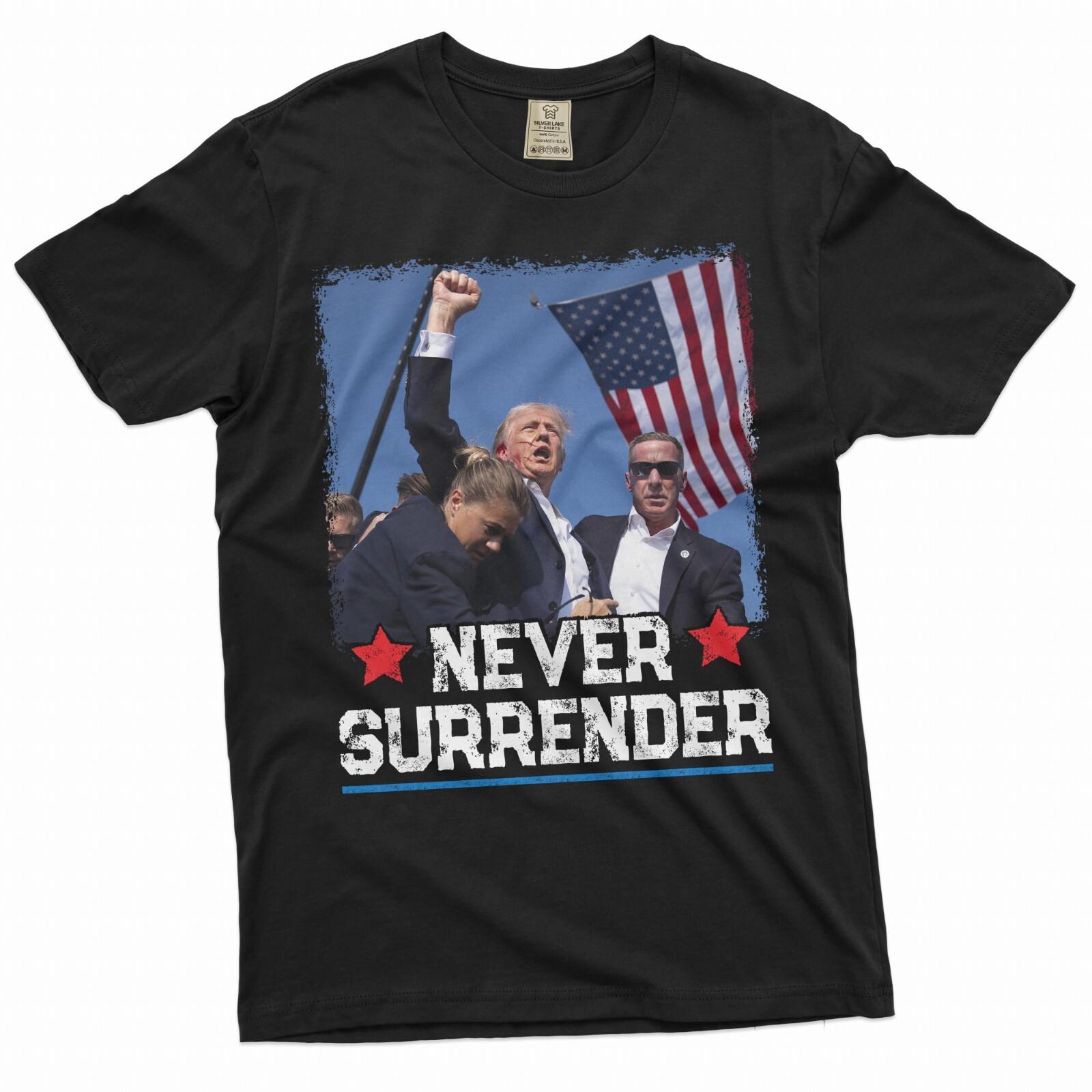 Trump Never surrender Fist pump USA flat 100% Cotton T-shirt Mens Tees Top Trump Rally Pennsylvania Tee L