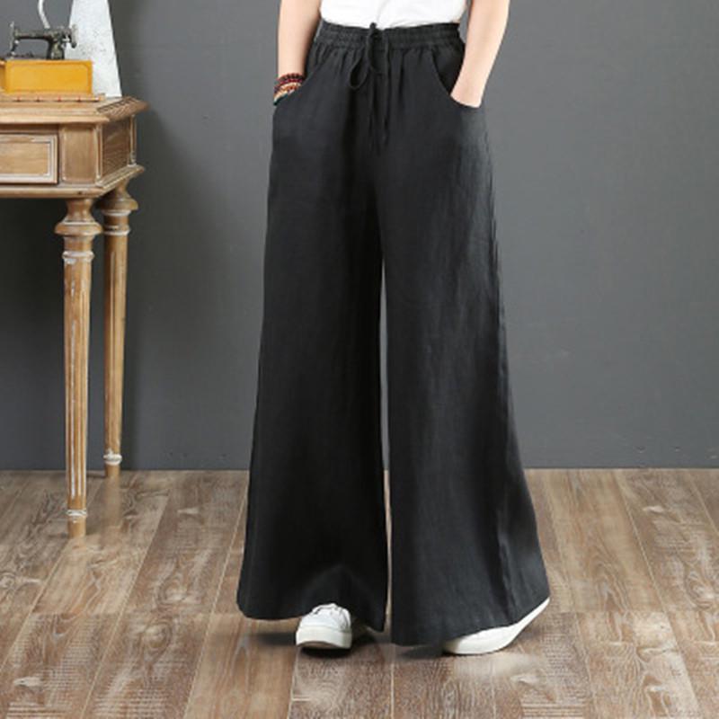 Women's High-Waisted Cotton & Linen Wide-Leg Pants - Plus Size, Loose, Casual Nine-Point Length