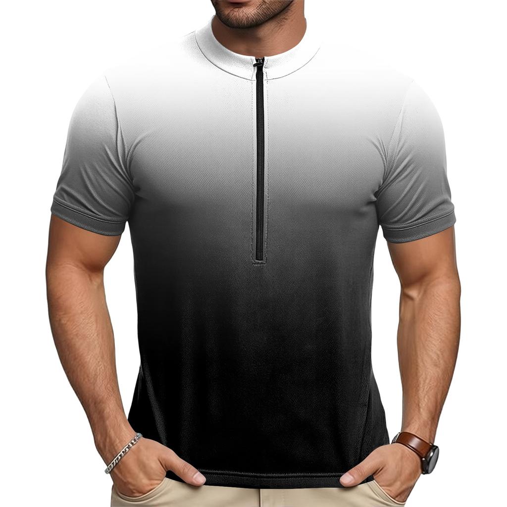 Men’s Crew Neck Gradient Print Zip Breathable Quick Dry Short Sleeve Cycling Jersey for Outdoor Sports Riding