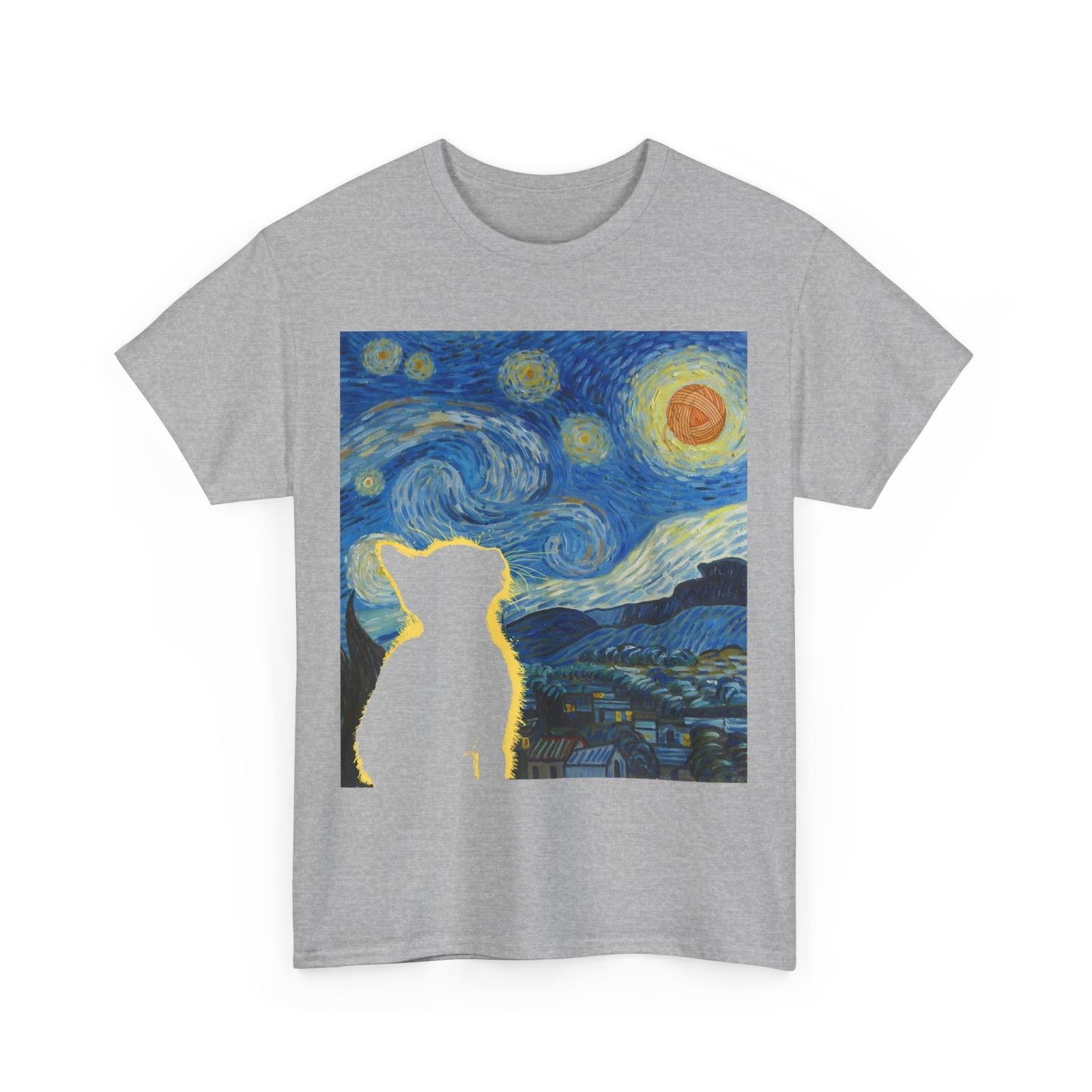 Starry-Night Cat Shirt, Van Gogh Art Cat Lovers Men T-Shirt L