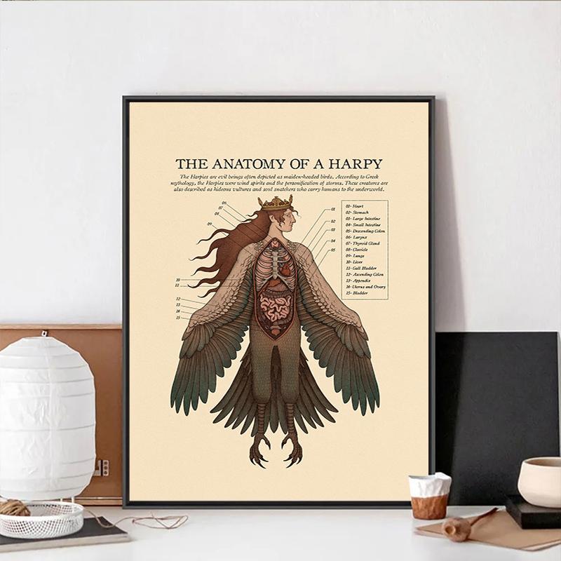 Vintage The Anatomy Of Mermaid Harpy Gorgon Poster Print Mysterious Creature Canvas Painting Wall Art Room Home Decor Cuadros