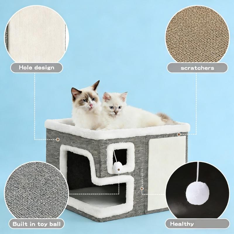 Double Layer Cats Cave Bed with Scratching Pad Foldable Design Space Saving Cats Shelter House for Indoor Habitats