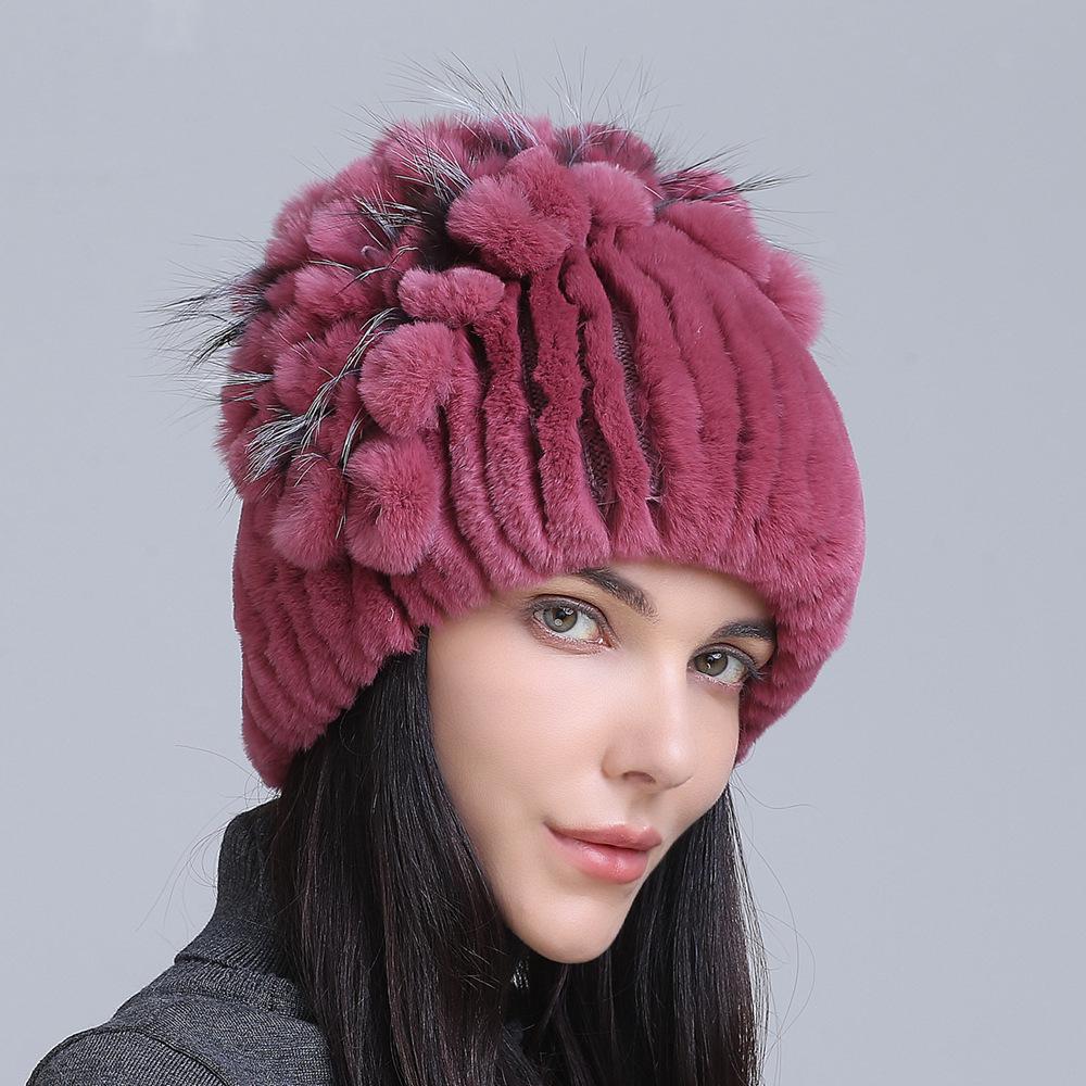 Winter Women's Warm Fashion Thick Wool Hat Rex Rabbit Fur Hat Knitted with Side Flower Hat
