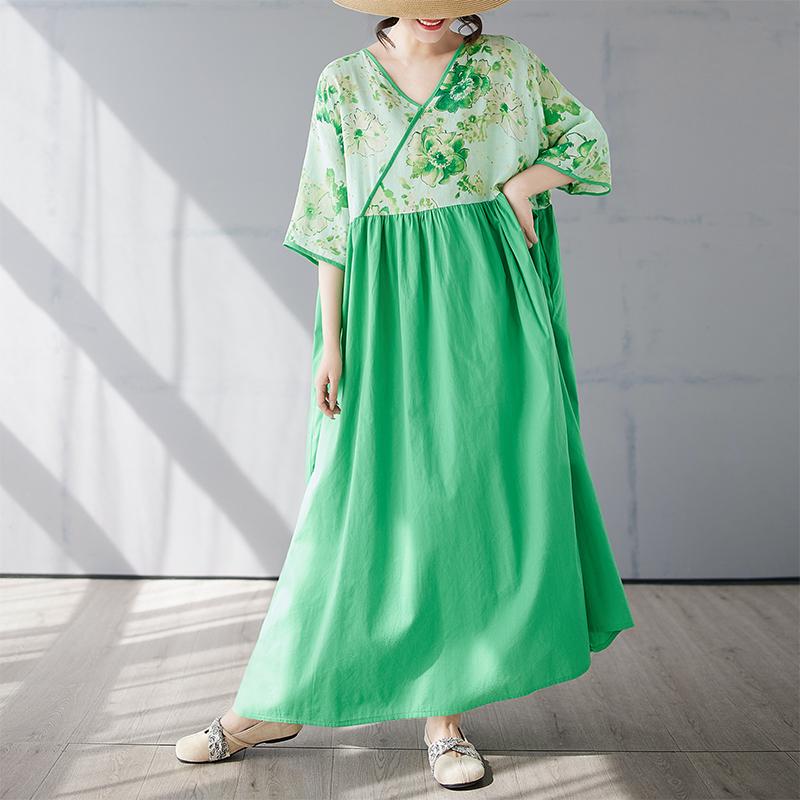 

Dimanaf 2025 Женское Летнее Платье Больших Размеров Повседневное Винтажное Плиссированное Платье Свободное Длинное Принтованное Макси Базовое One Size