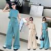 Teen Girl Jeans Fille Ensemble Design Round Neck Vest+Wide Leg Pants 2pc Junior Kid Rough Edges Denim Clothes Suit Child Outfits