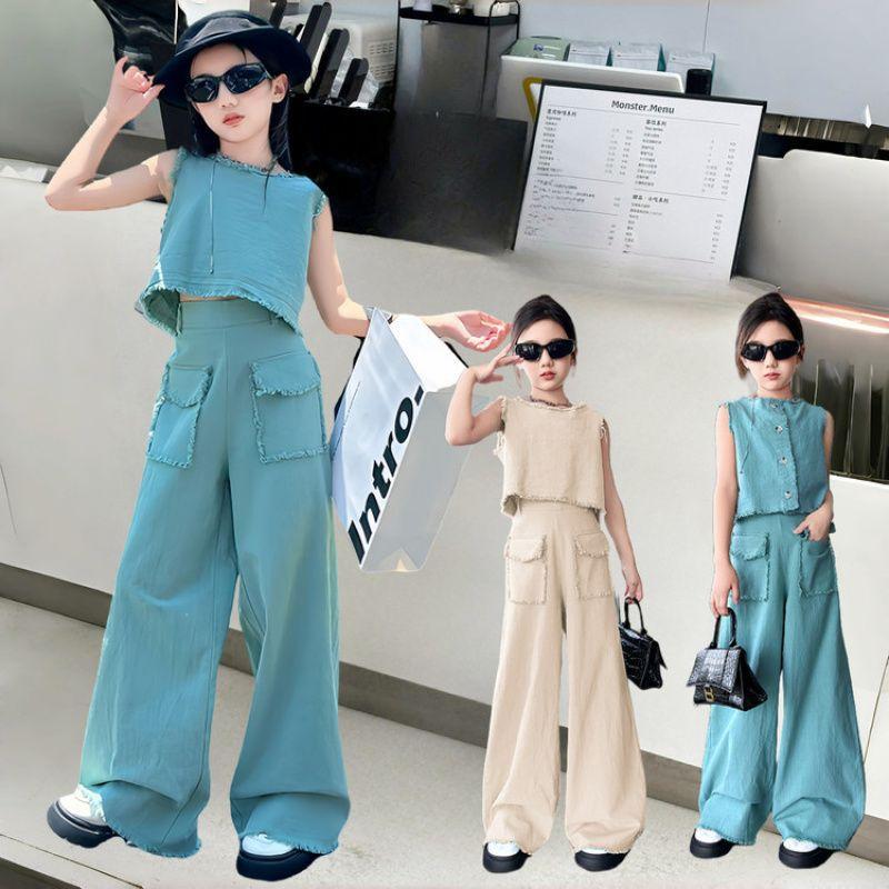 Teen Girl Jeans Fille Ensemble Design Round Neck Vest+Wide Leg Pants 2pc Junior Kid Rough Edges Denim Clothes Suit Child Outfits