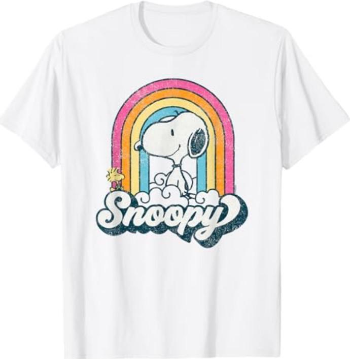Peanuts - Snoopy Woodstock Retro Rainbow Cloud T-T-Shirt L