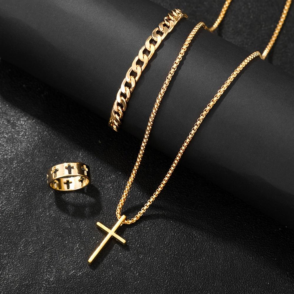 Edelstahl S Schmuckset für Herren Kreuz Anhänger Kette Halskette Armband Ring Set Persönlichkeitsdesign Zubehör Geschenke black