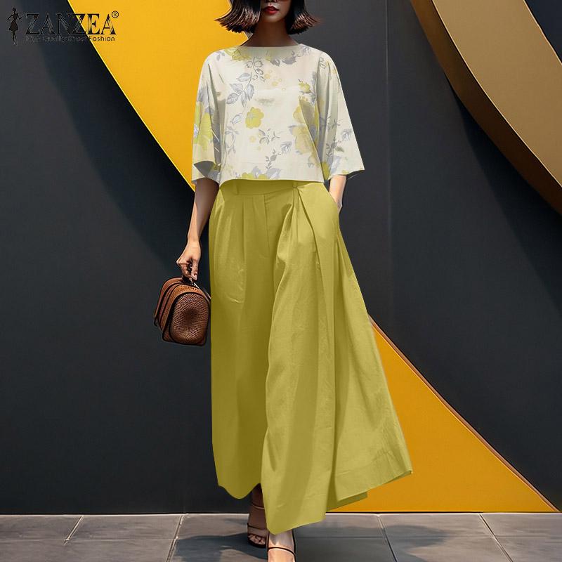 ZANZEA Women Print 3/4 Sleeve Blouse and Wide Leg Pants Casual Two Piece Suit Sets