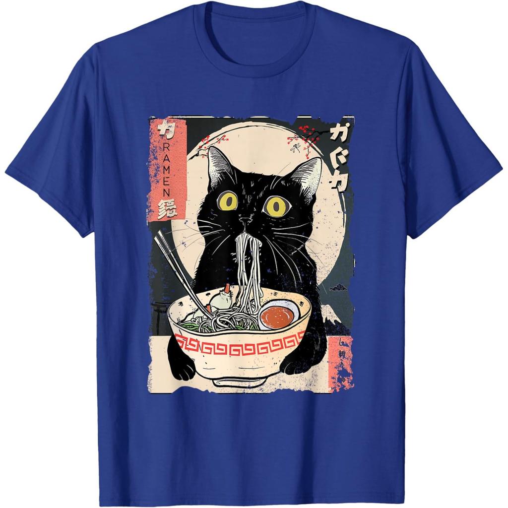 Black Cat Eating RaUnisex Japanese Ukiyo Style Graphic Tee T-Shirt Anime Food Lover Gift