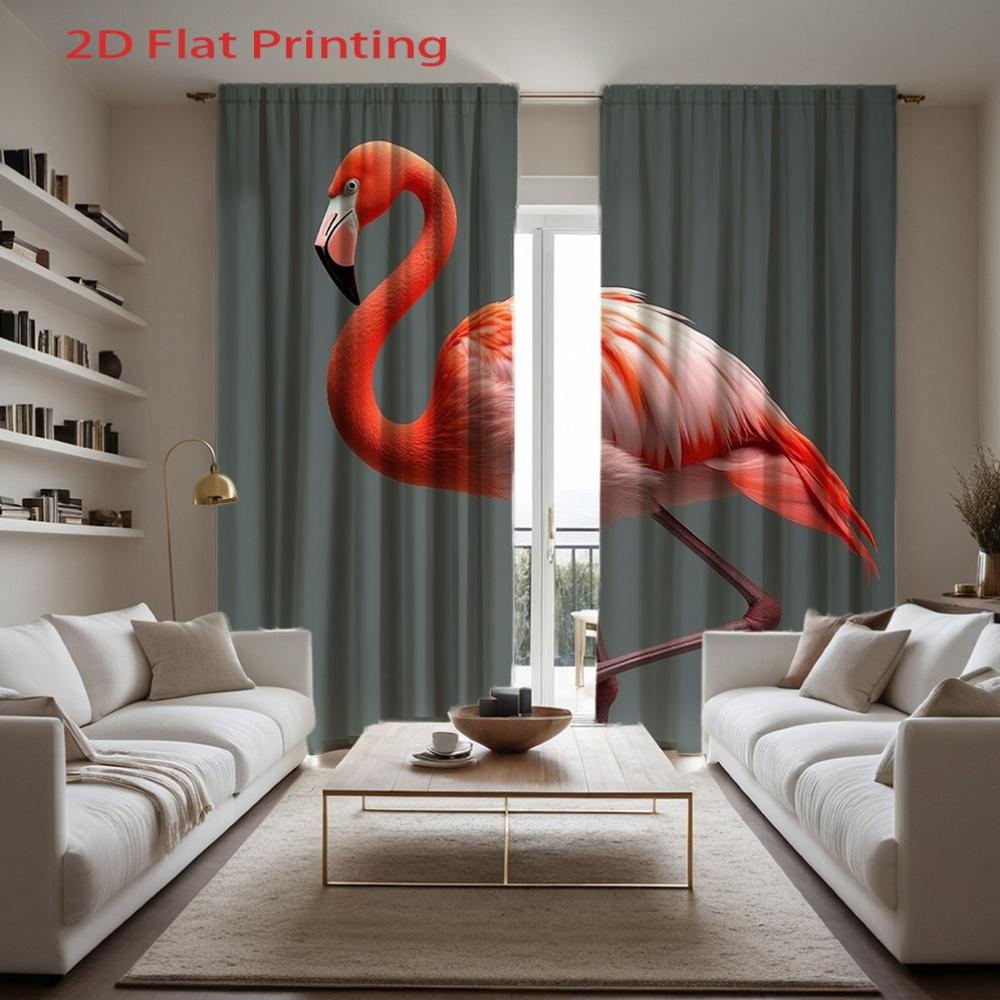 2pcs Flamingo Print Curtains - Vibrant Pink & White Flamingo Design   Semi-Transparent Polyester Fabric   Rod Pocket for Easy Hang