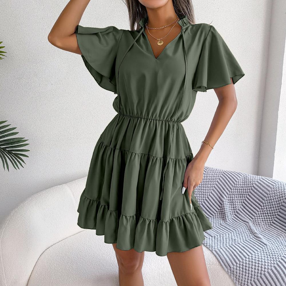 Frühlings- und Sommer Rüschenrock Flattergürtel Schwingendes A-Linien-Kleid Einfarbige Kleider Mode Damenkleider