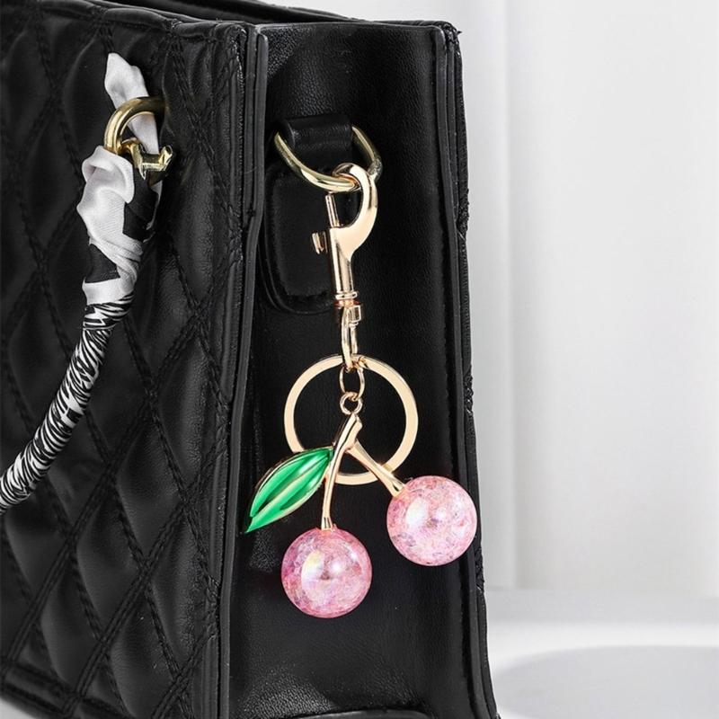 Sophisticated Resin Cherry Bag Charm with Glitter Key Ring Clip Stylish Metal Keychain Pendant Accessory for Purses