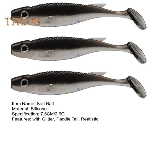 3Pcs 7.5CM/2.6G Soft Fishing Lure with Glitter Paddle Tail Realistic Bionic Colorful Silicone Artificial Bait Freshwater Saltwater Fishing