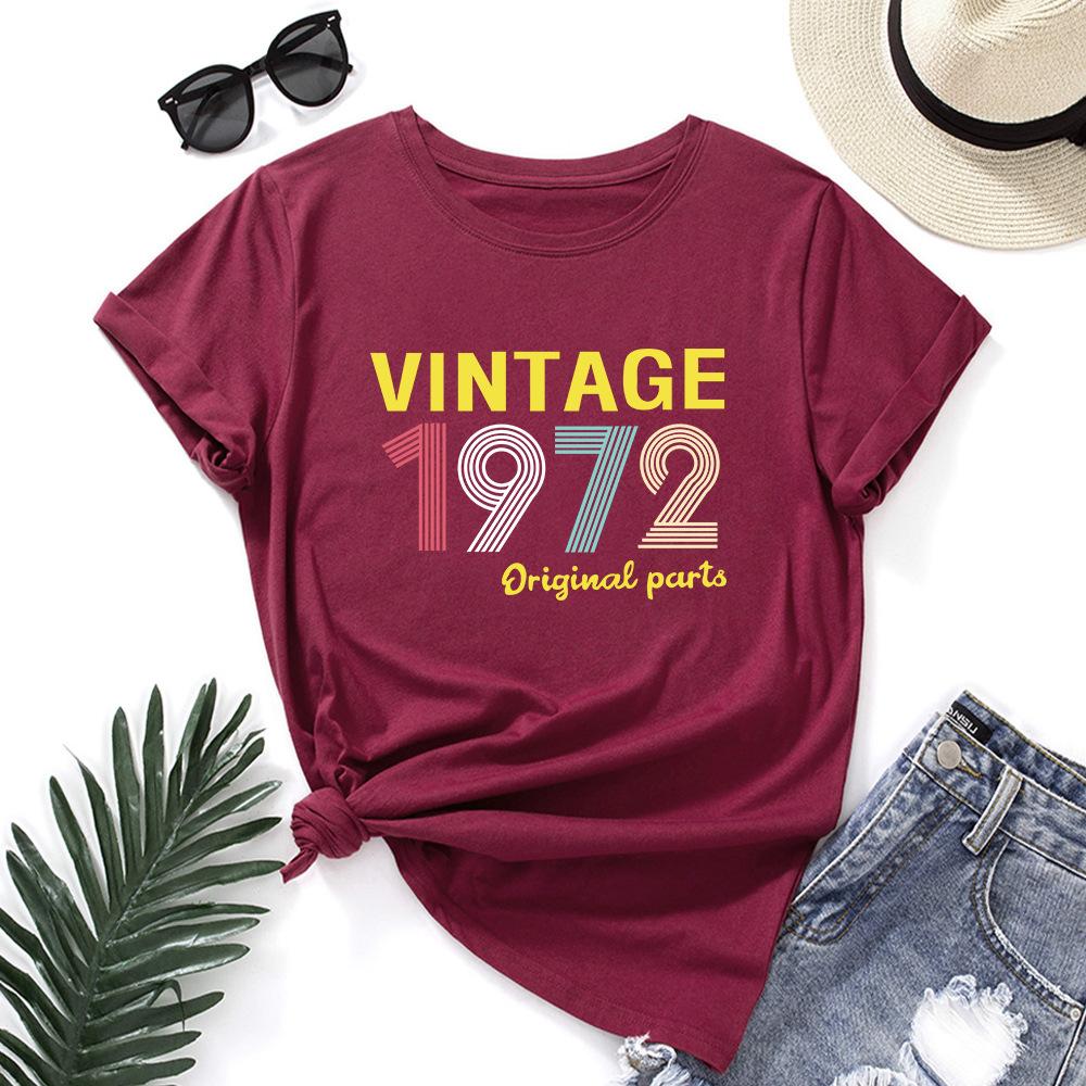 1972 Vintage Alphabet Cotton T-Shirt Short Sleeve Round Neck Women 2d Print Tops