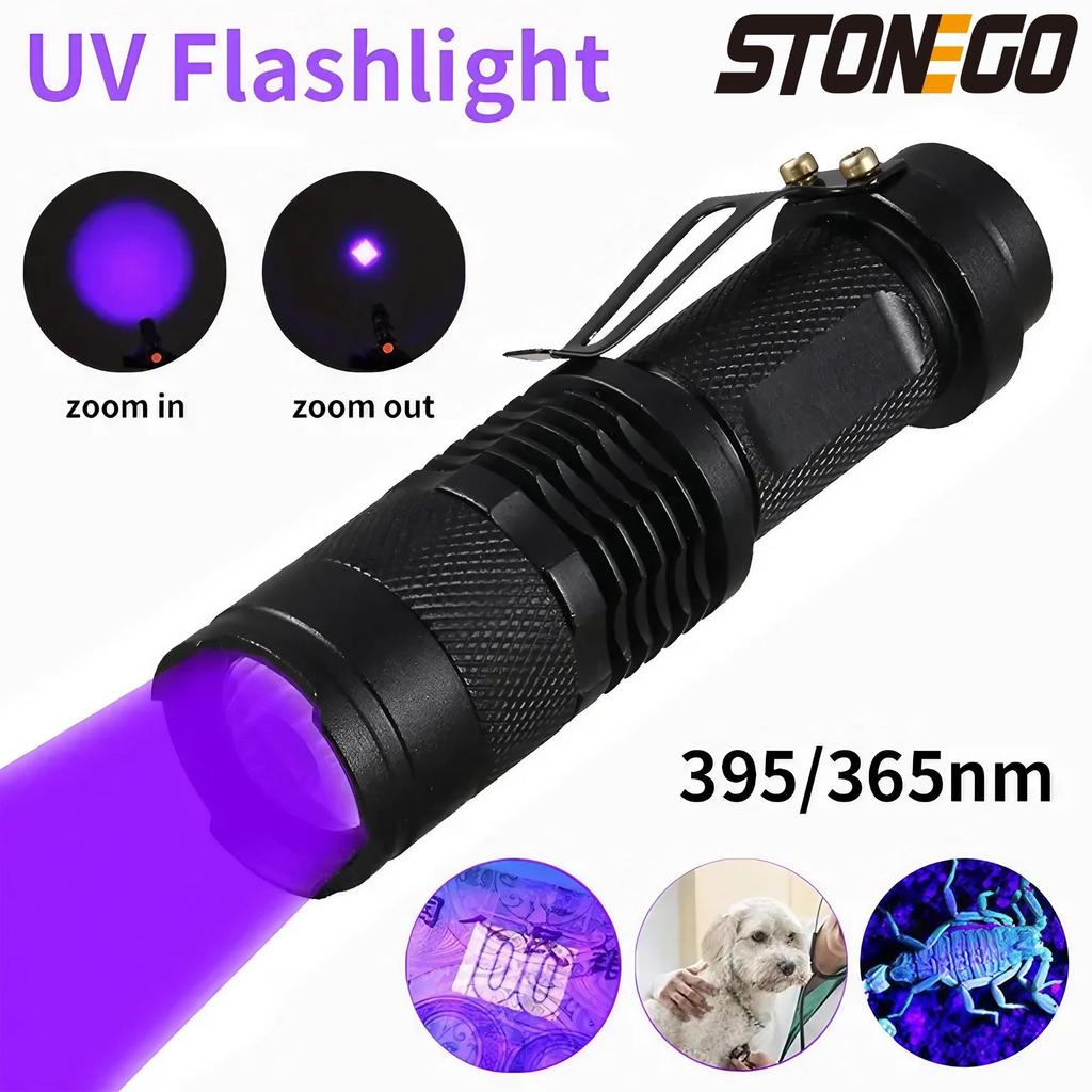 Mini UV LED Flashlight 395/365nm - 3 Modes Zoomable Blacklight for Pet Urine, Scorpion Detection & More