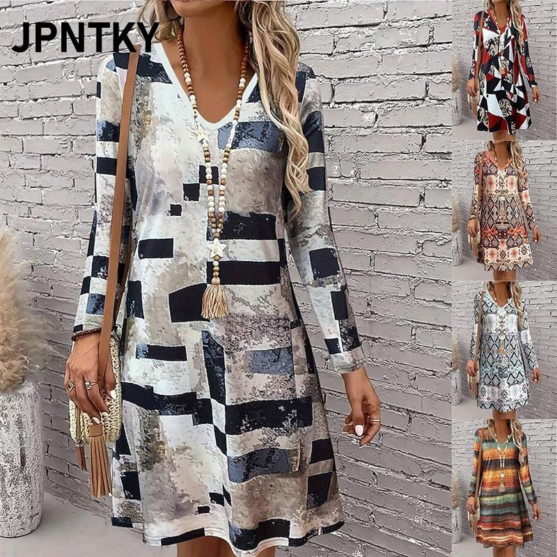 JPNTKY Fashion Autumn Winter Long Sleeve V-Neck Casual Dresses