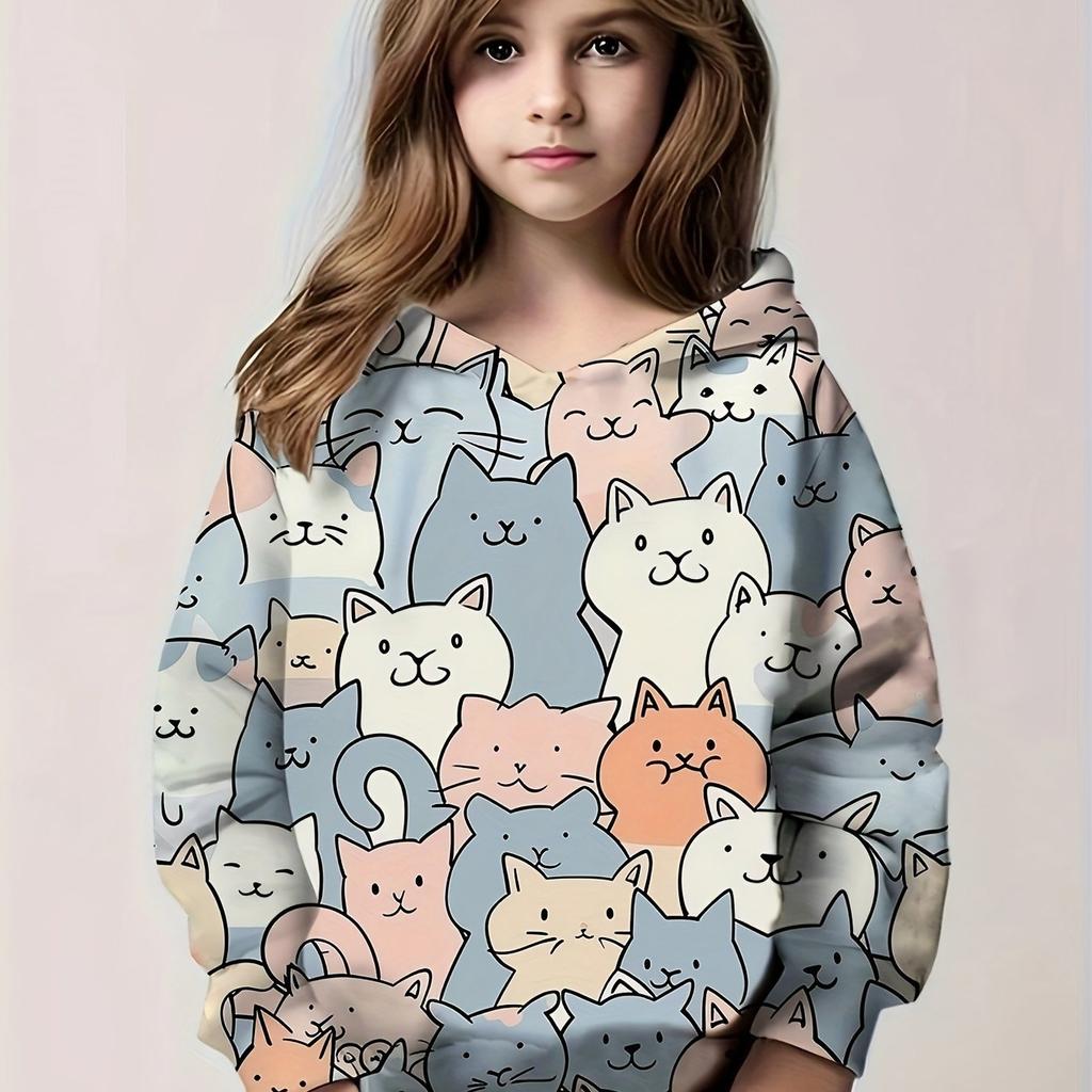 Kids Clothes Girl Hoodies Long Sleeve Cute 3D Cat Print Children Spring Fall Clothes Casual Cartoon Outdoor Girl Clothes Tops