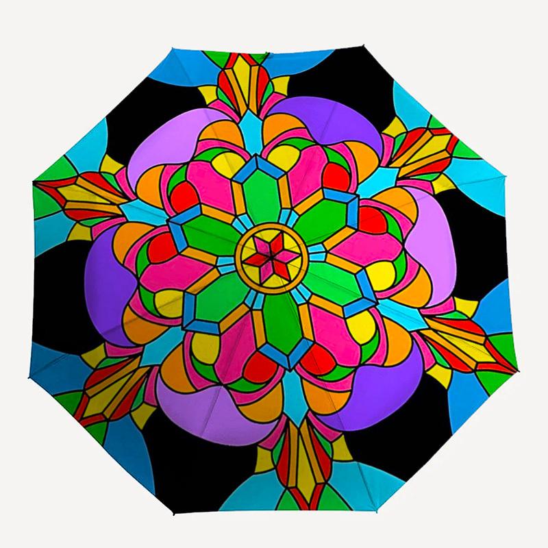 1pc Colorful Mandala Pattern Automatic Folding Umbrella - Portable 3-Fold Design with 8-Bone Iron Frame - Outdoor for Fans, Travelers, Daily Use - Per