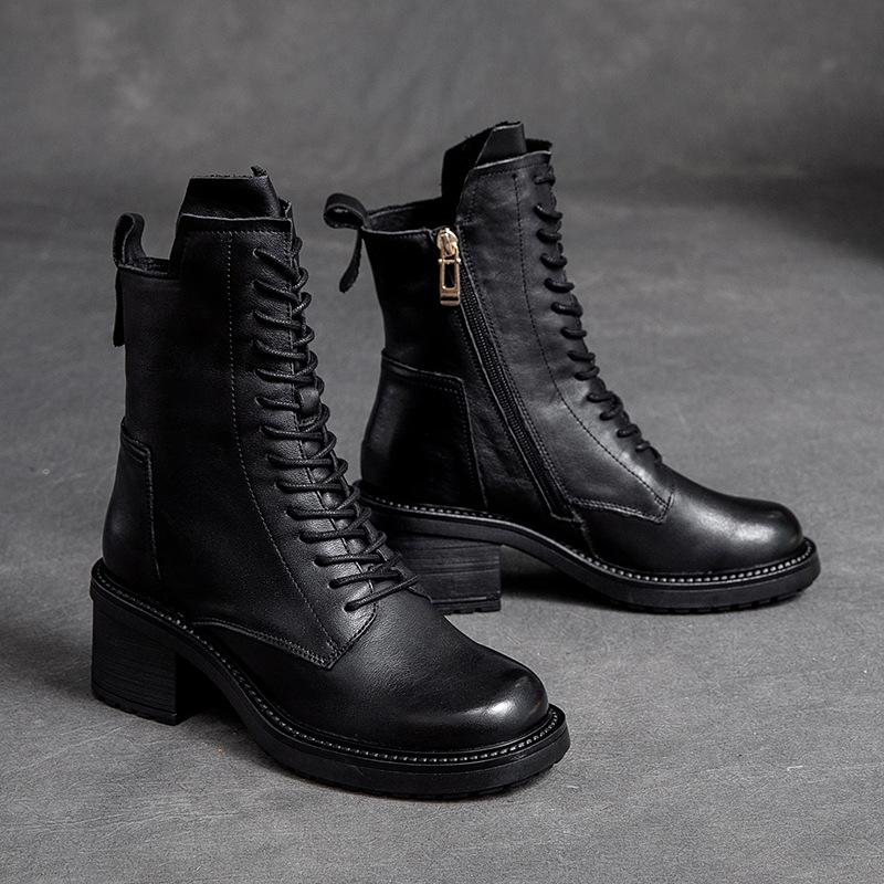 Fashion 2025 Handmade Retro High Heel Boots Women Autumn Winter Full Cow Leather Round Toe Zipper Trend Warm Mid-Calf Boots Female