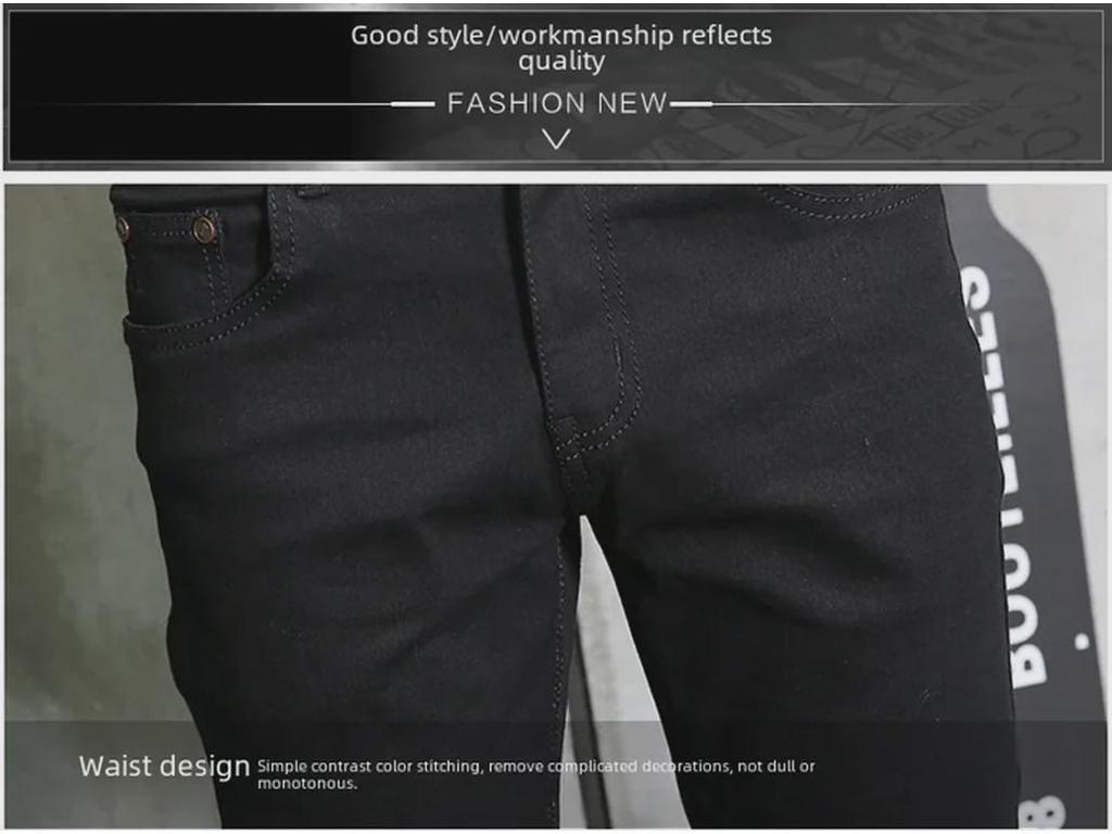 Men's Slim Fit Black Elastic Jeans - Korean Style Trendy Casual Trousers
