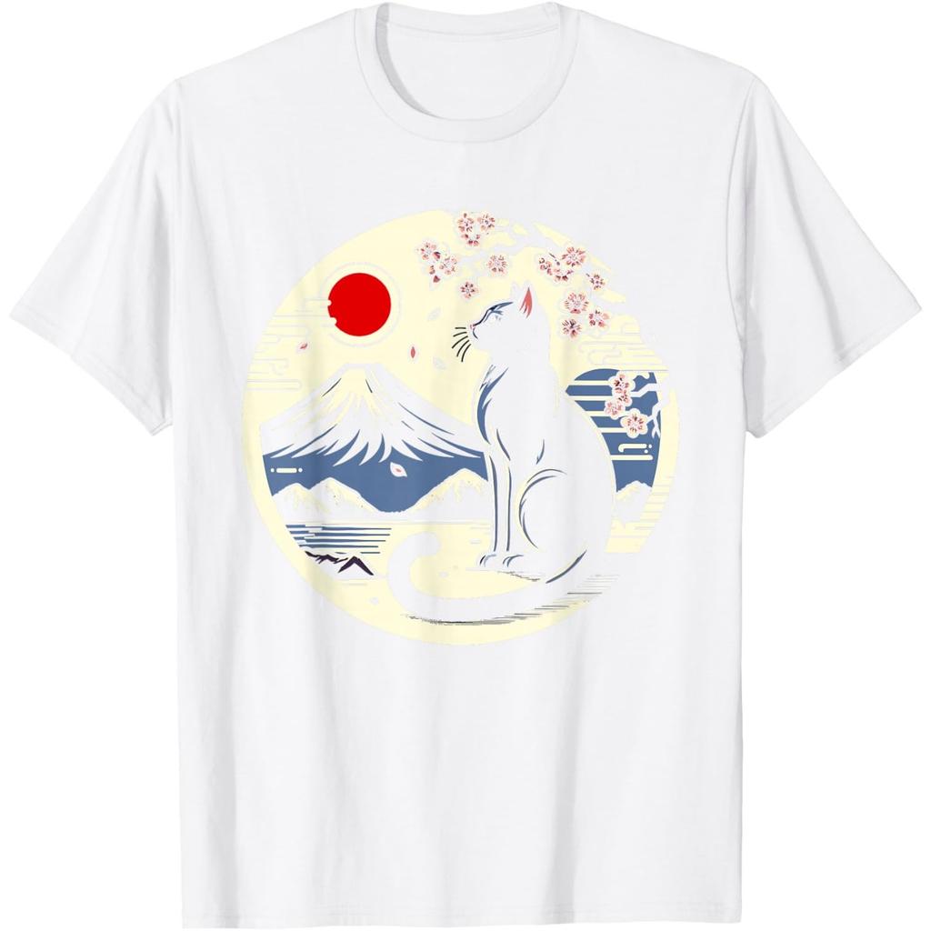 Black Cat Japanese Mount Fuji Graphic T-Shirt Breathable Cotton Retro Style Tee for Men