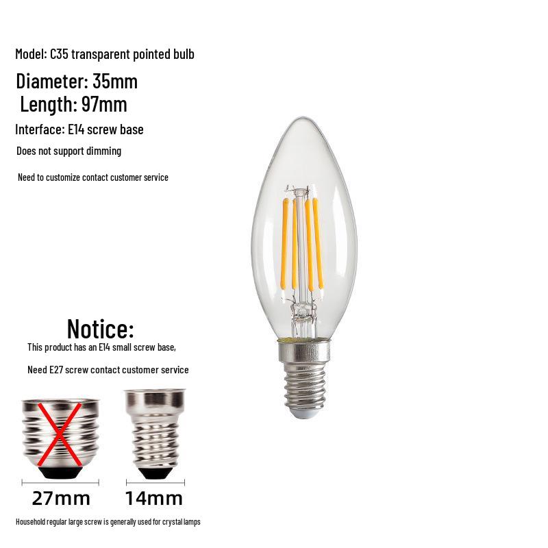 E14 LED Edison Candle Bulb, Warm Light, Flame Tip, C35 Crystal Imitation Tungsten Filament, Retro Super Bright.