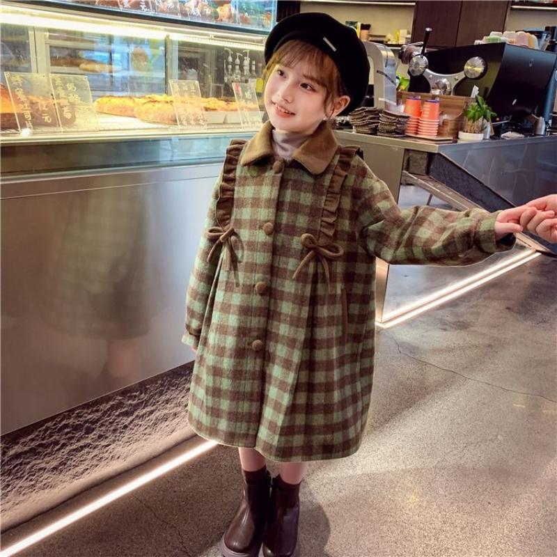 Girls' Vintage Woolen Coat, Autumn and Winter Children's Loose Checkered Princess Cotton-padded Woolen Overcoat