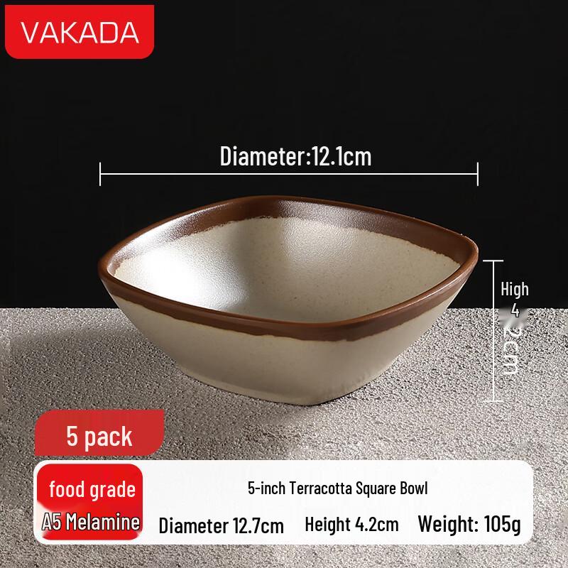 

VAKADA Melamine Square Bowls, 5-inch, Earthenware Look, Pack of 5