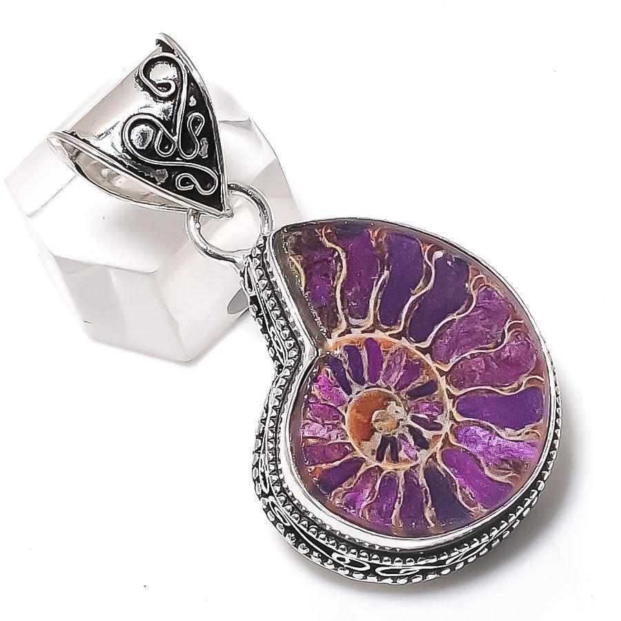 Natural Ammonite Fossil Gemstone 925 Sterling Silver Jewelry Pendant 1.97" p3H18