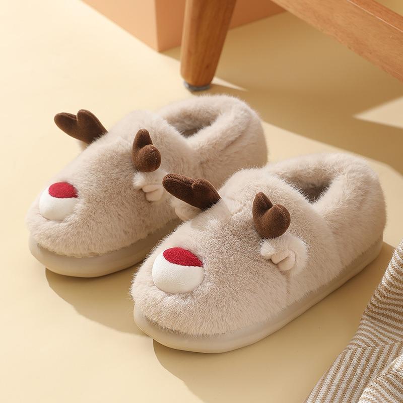 Elk Cotton Shoes Autumn and Winter Home Indoor Non-slip Warm Cartoon Children's Parent-child Cotton Shoes Christmas Couple Bag and Cotton Shoes