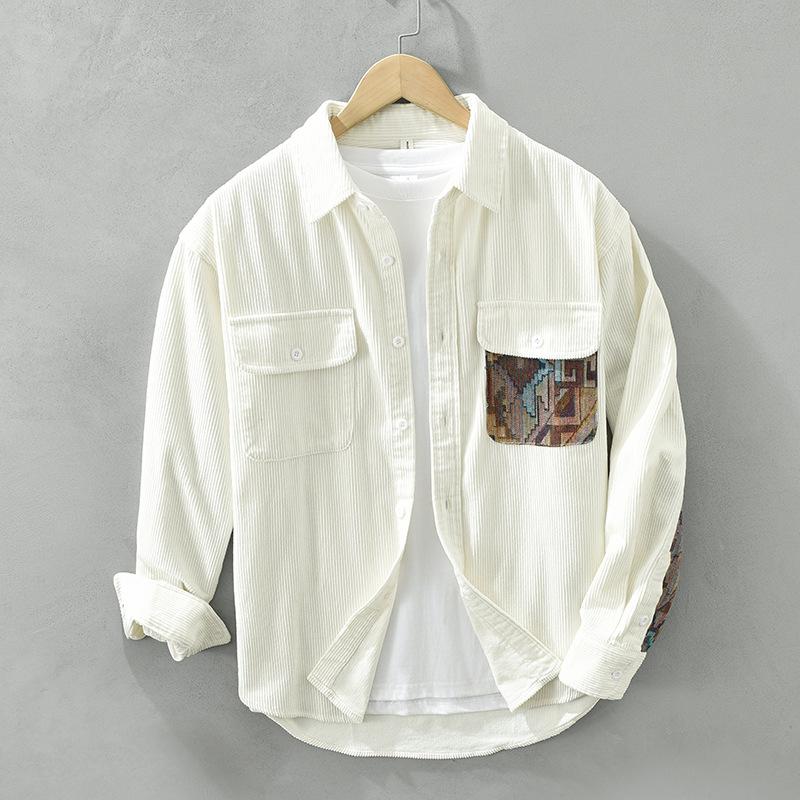 Japanese Retro Style Long Sleeve Shirts for Men Autumn and Winter Corduroy Loose Shirt Casual Pure Cotton Double Pockets Printed Shirts
