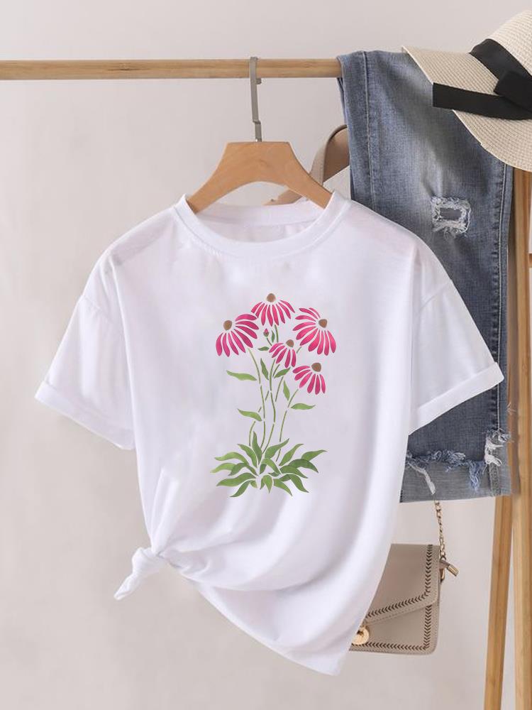 (Asian Size) 90s Flower Cute Clothing Lady O-neck Short Sleeve T-shirts Printed Female Top Casual T Shirt Fashion Women Graphic Tee