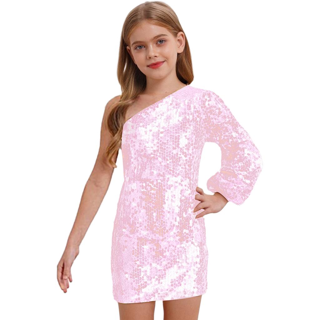 Vestido de Lentejuelas Brillantes para Niñas de un Hombro Manga Larga Largo por Encima de la Rodilla Vestido de Fiesta de Cumpleaños Concurso Boda