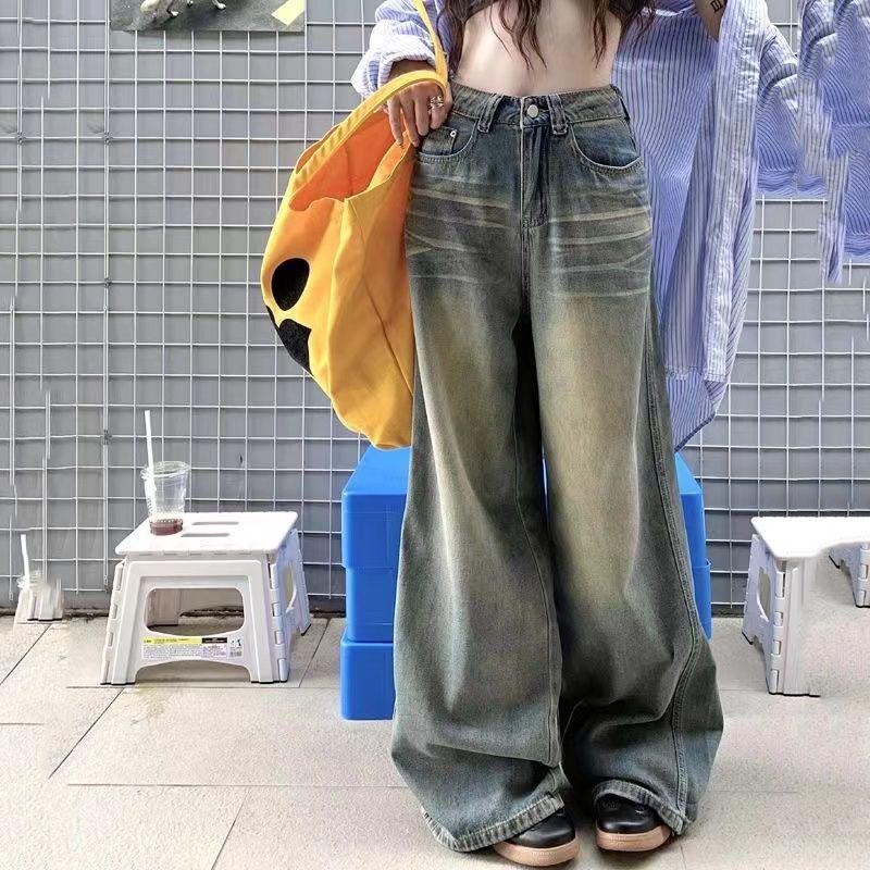 Frühling Herbst Vintage Schick Knöpfe Jeans Damen Baggy High Waist Denimhosen Gewaschen Y2K Weitbeinige Jeanshosen