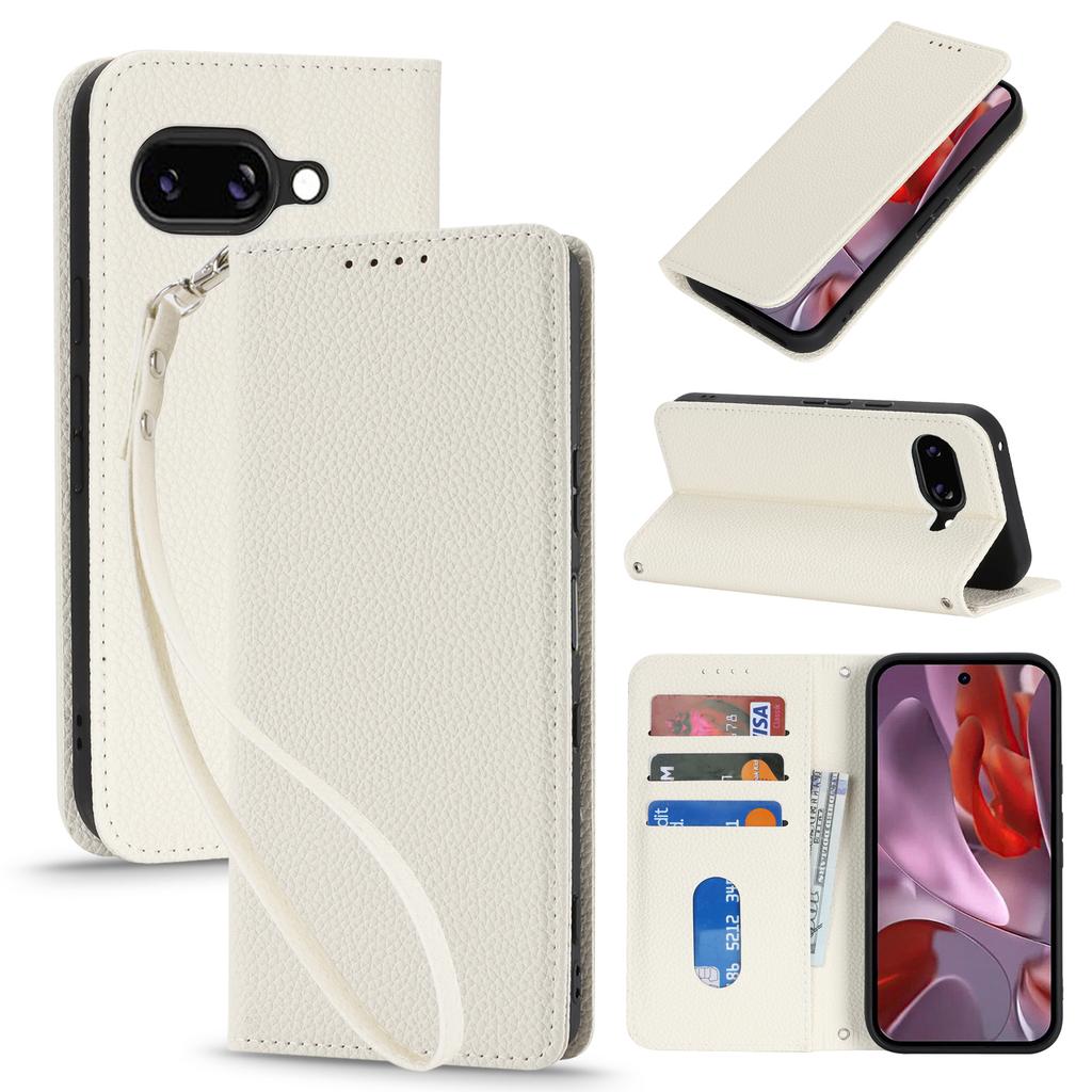 For Google Pixel 9a Case Stand Wallet Litchi Texture Leather Flip Phone Cover with Strap