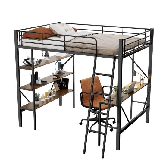 Metal Bed Strong Carrying Capacity with Computer Desk Storage Shelves Ladder Iron Frame Children Bunk Fall Protection Grilles Home Furniture Loft