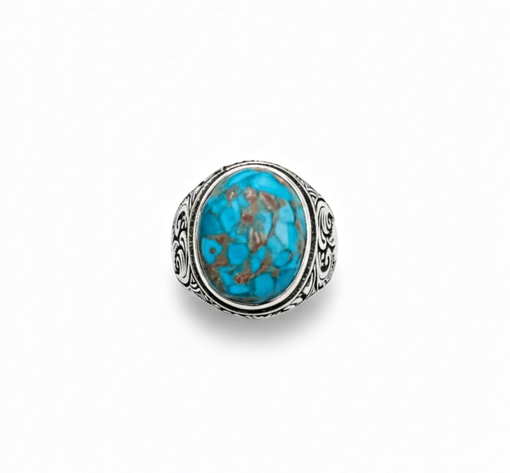 Copper Turquoise Signet Ring, 925 Solid Sterling Silver, Oval Cut Gemstone Ornate Scrollwork Ring
