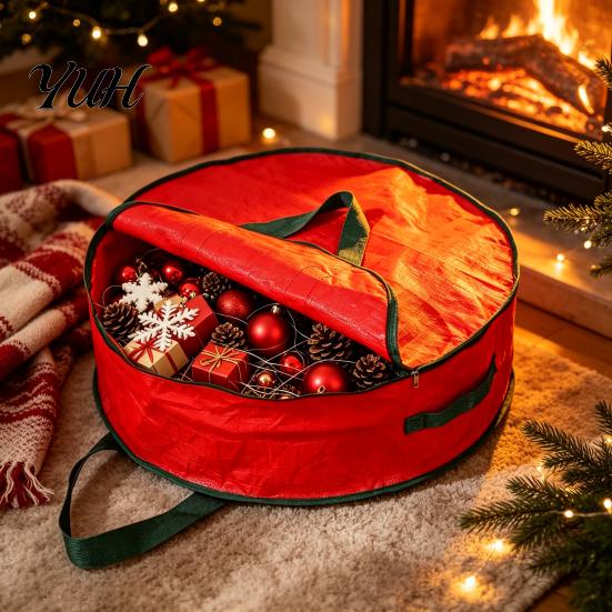 Stackable Storage Solution Round Garland Bag with Reinforced Handles, Waterproof PE Fabric Durable Dustproof Organizer, Zipper Closure Foldable Space