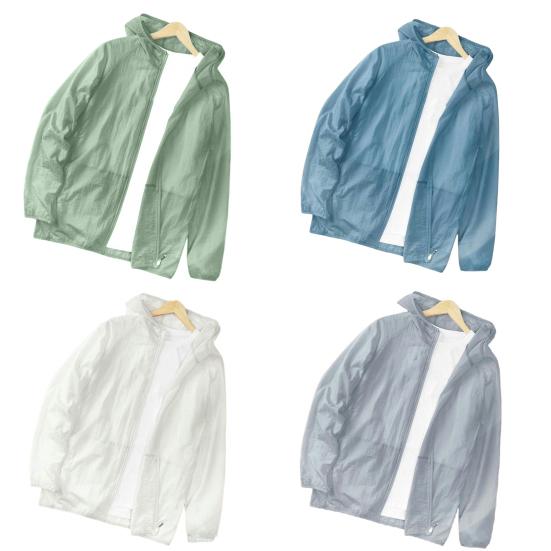 Men Sunscreen Coat Thin Zipper Closure Solid Color Summer Outdoor Sports Sun Protection Hooded Jacket Daily Wear