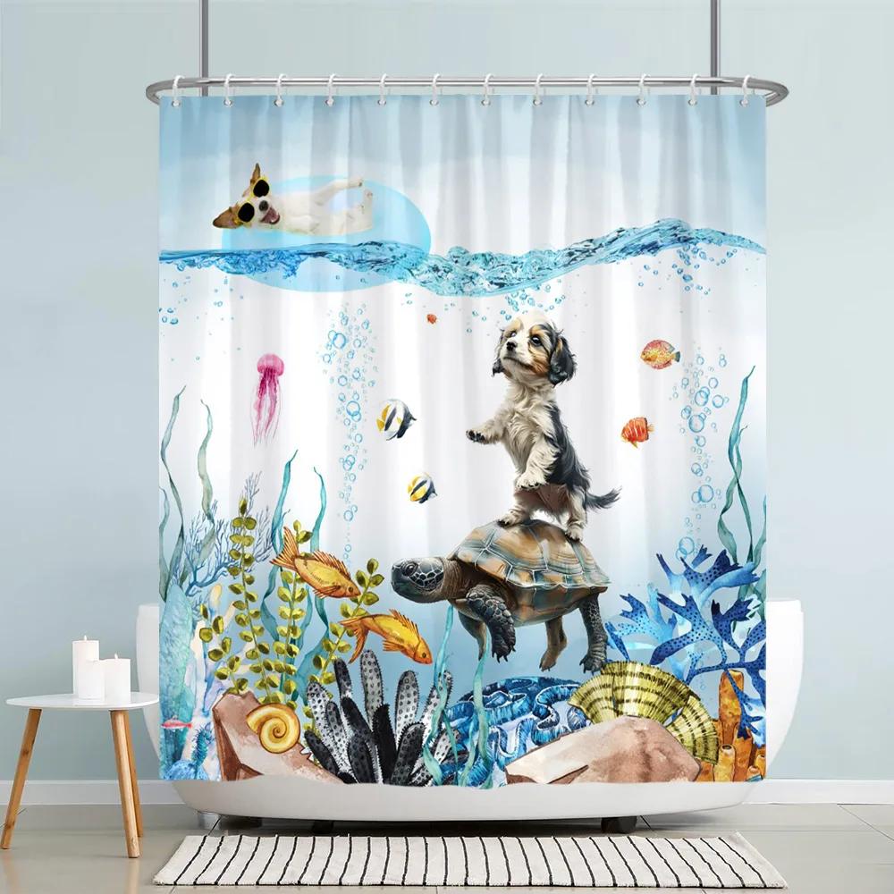 Lustige Meerestiere Kinder Duschvorhang Cartoon Aquarell Kunst Malerei Stil Polyester Stoff Duschvorhang Badezimmer Dekorati