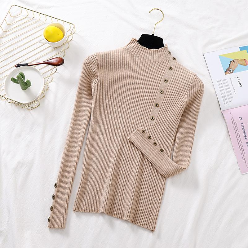 Dámské Podzimní Pletené Slim Svetry Jednobarevné Pletené Dámské Bavlna Měkké Elastické Barevné Pulovry Rolák na knoflíky s plným rukávem
