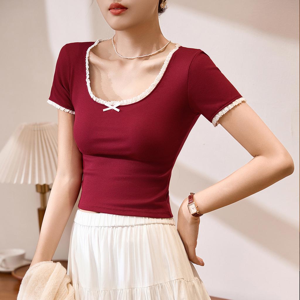 Lace T-shirt Women's Summer New U-neck Bow Short-sleeved Contrasting Top