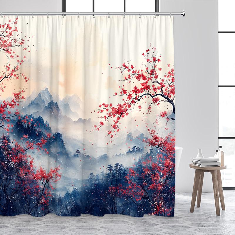 Ink Landscape Shower Curtain Abstract Mountain Water Red Floral Birds Chinese Style Bath Curtains Home Bathroom Decor with Hooks