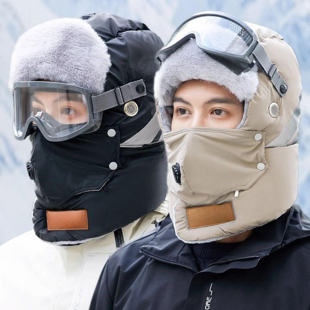 Russian Ushanka Winter Plush Hats with Goggles Cycling Windproof Cap Pilot Hat Lei Feng Hat  Sports