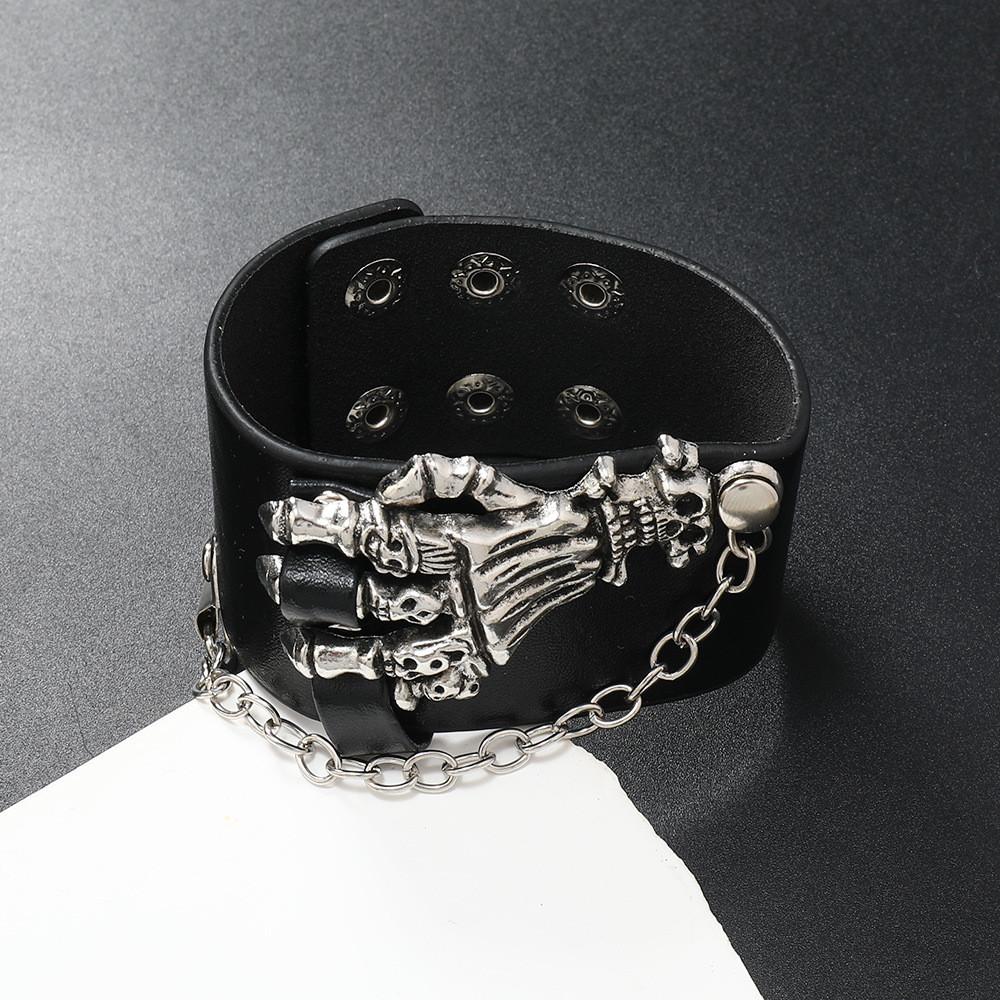 Gothic Skeleton And Bullet Design Neutral Chain Leather Handpiece For Halloween Accessories Summer